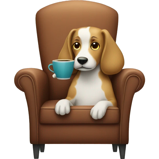 a dog with a long snout sitting on a chair holding a cup of coffee emoji