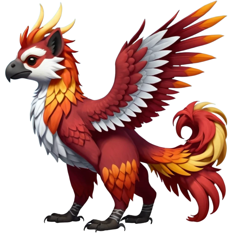 4-legged colorful shiny smooth glossy furry realistic scaly winged long-big-beaked Gryphon-Griffin-Griffsnuff-Talonflame-Silvally-Braviary-Red-Panda-fusion-hybrid-animal-Fakémon-creature, full body, with a long thin tufted lion-tail emoji