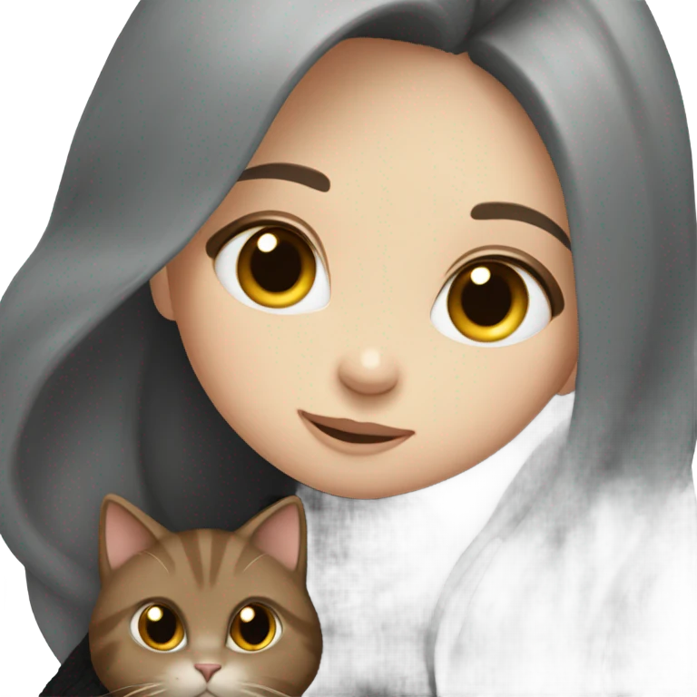 Girl with long brown hair, black sweater, hug grey cat emoji
