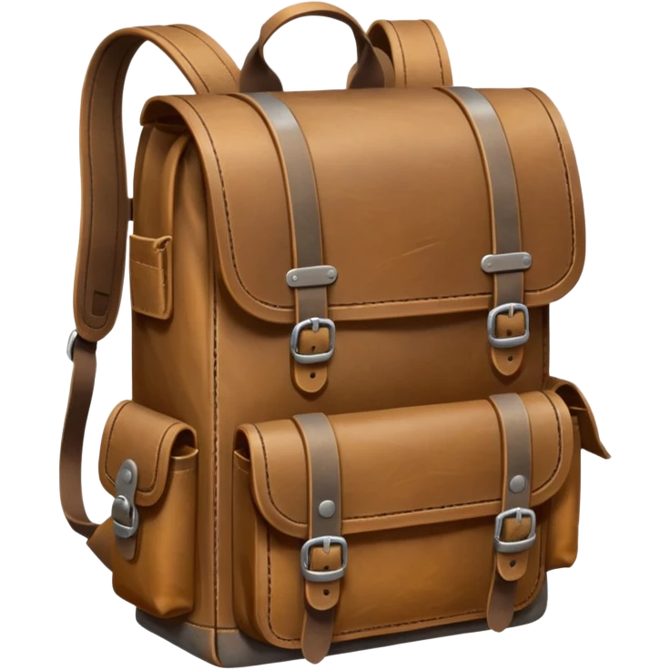 A sturdy, weathered leather backpack with metal-reinforced flaps and deep, practical pockets. Scratched and rugged from long travel, it has a solid, utilitarian look—built for harsh roads and hard use. emoji
