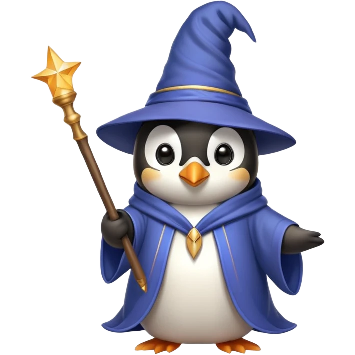 penguin wearing a wizard hat and robe, holding a magic wand emoji