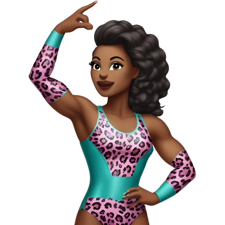 Tall blonde Caucasian muscular woma with teal eye shadow n wrestler wearing a pink leopard print leotard blowing a kiss emoji
