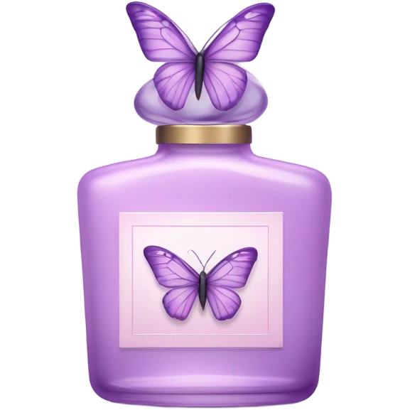  pastel violet butterfly resting on an elegant lavender perfume bottle with fork pink details. emoji