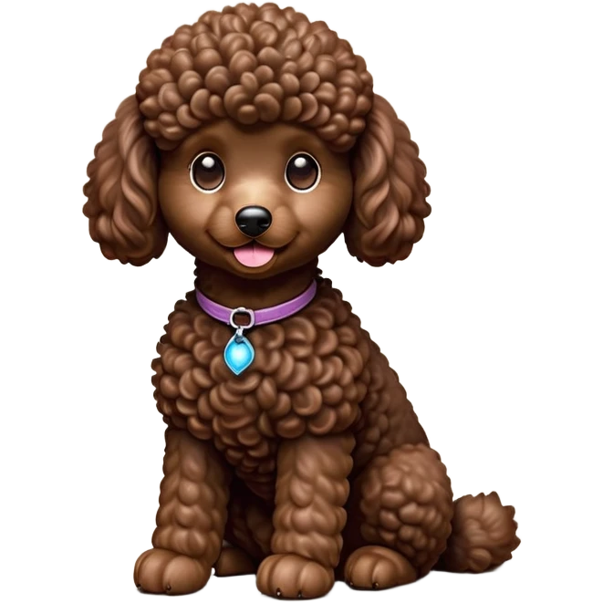 cinematic-[poodle]-realistic-full-body-sitting-emoji,-tail-resting-loosely-beside-its-paws,-head-tilted-dramatically, -curly-[chocolate]-fur,-simplified-yet-realistic-focused-features,-highly-detailed,-glowing-with-an-almost-sarcastic-glow emoji