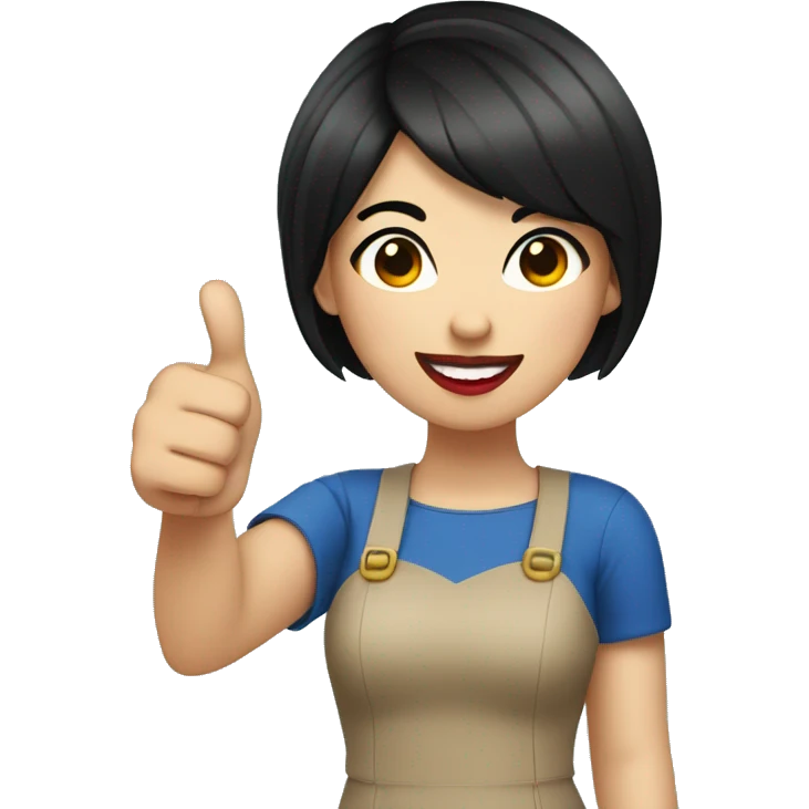 A pretty young asian woman short black hair red lipstick wearing a blue top and giving thumbs up emoji