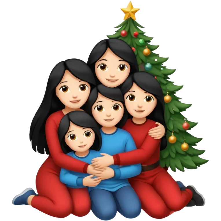 Generate Christmas-style emojis  family. Where light-skinned people stand near the tree all together, hugging and smiling. One girl should be light-skinned with black long hair. Add 4 people: Mother, Sister, Sister, Brother emoji