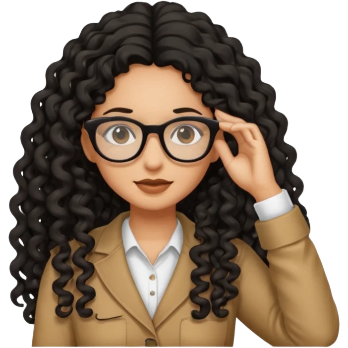 Tan girl with black long curly hair posing with hand in hair add glasses emoji