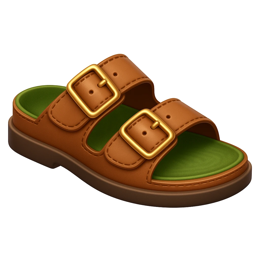 Create a shoe emoji that looks exactly like the reference image in iOS emoji style. The shoe should be 3D with shiny, smooth gradients, soft shadows, and a realistic brown sandal with straps, capturing the classic emoji look. Add a subtle highlight to the leather. emoji