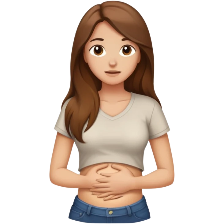 Crying woman with long brown hair rubbing stomach with shirt on emoji