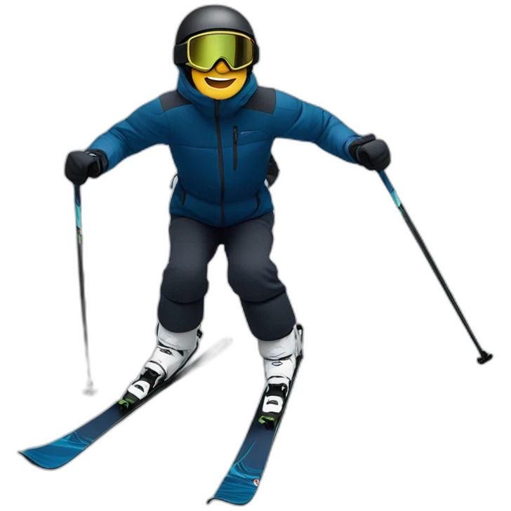 male skier wearing a black helmet, tinted visor glasses, a navy blue jacket, black pants with an eagle flying overhead emoji