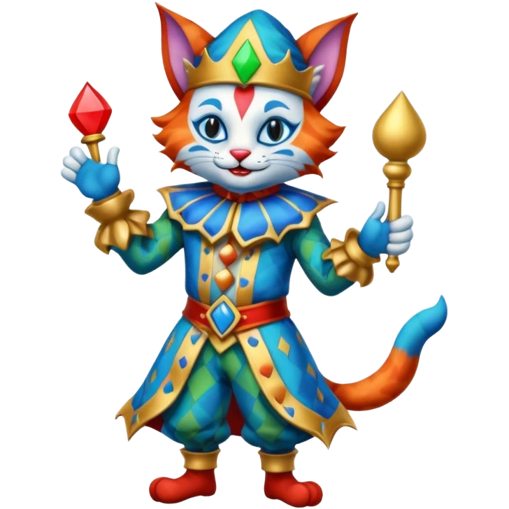 crazy colorful cute little cat jolly joker from poker, medieval, vintage, court jester, mac os icon, blue color, full body emoji