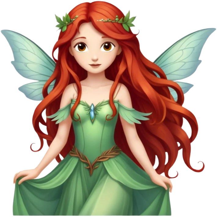 Une magnifique  fée avec de belles ailes une magnifique robe naturelle avec de très long cheveux roux avec des yeux marrons  emoji