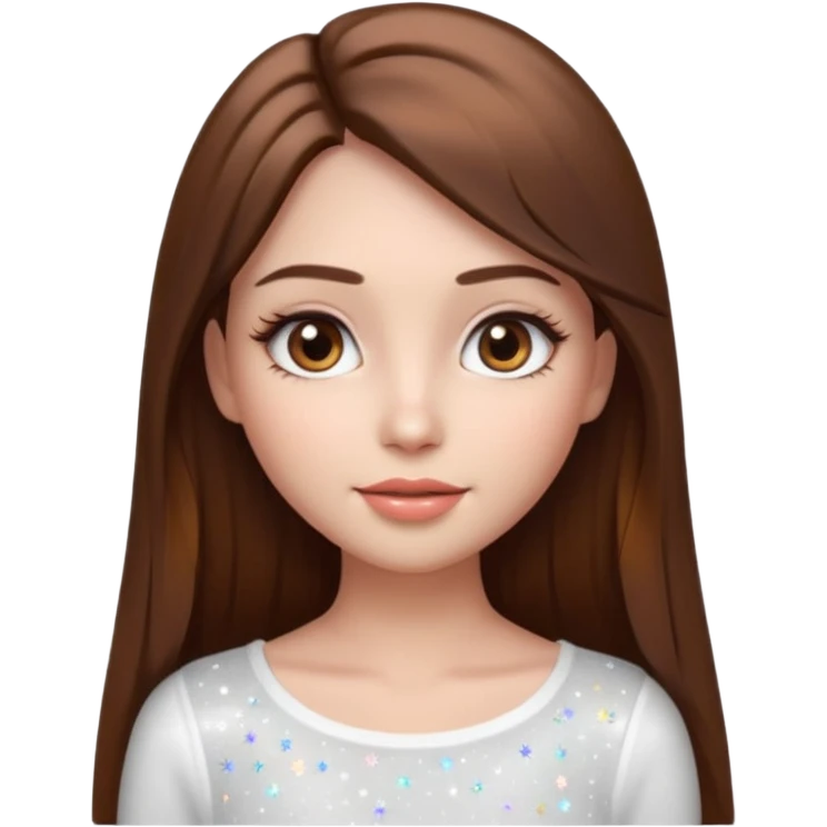 pretty cartoon girl, semi-realistic 3D emoji style, long straight brown hair, brown eyes, long eyelashes, soft glam makeup, glossy lips, smooth skin, cute aesthetic, sparkles in hair, white top emoji
