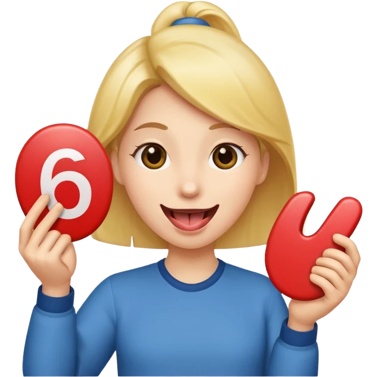 Happy face with tongue out with a number six in one hand and number seven in the other hand emoji