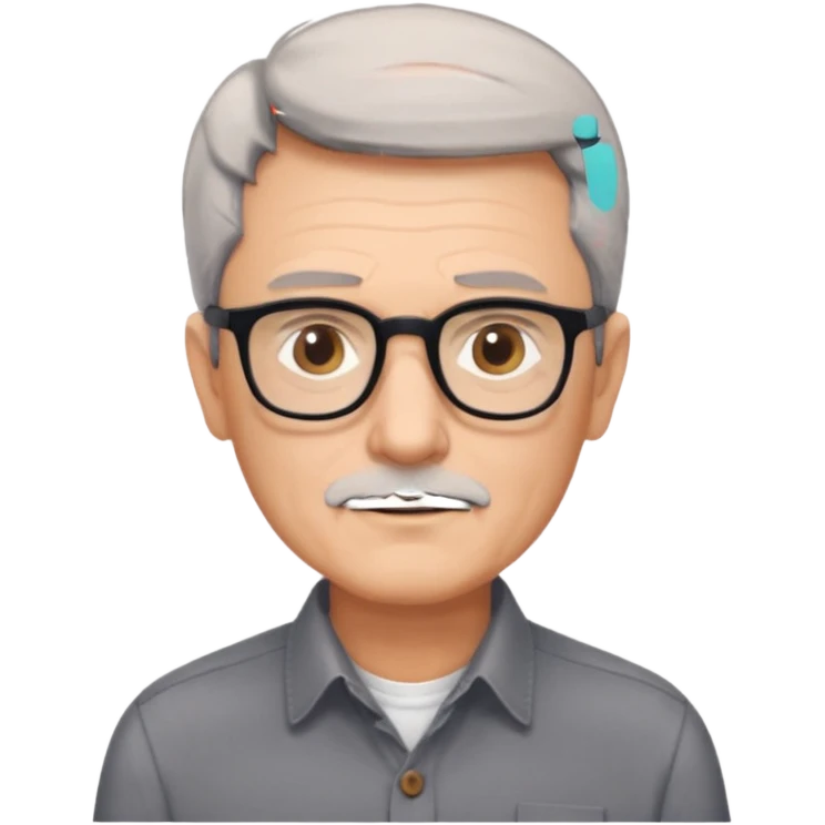 man 60 short dark grey hair, brown eyes small black rectangle glasses no beard emoji