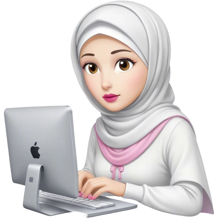 white skin hijab woman working in computer. Her outfit is white, her lips is pink, her expression is focused on computer, her scarf color is white emoji