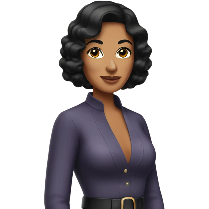 Tanned woman with black hair dressed in 1970s hair, makeup, and attire  emoji