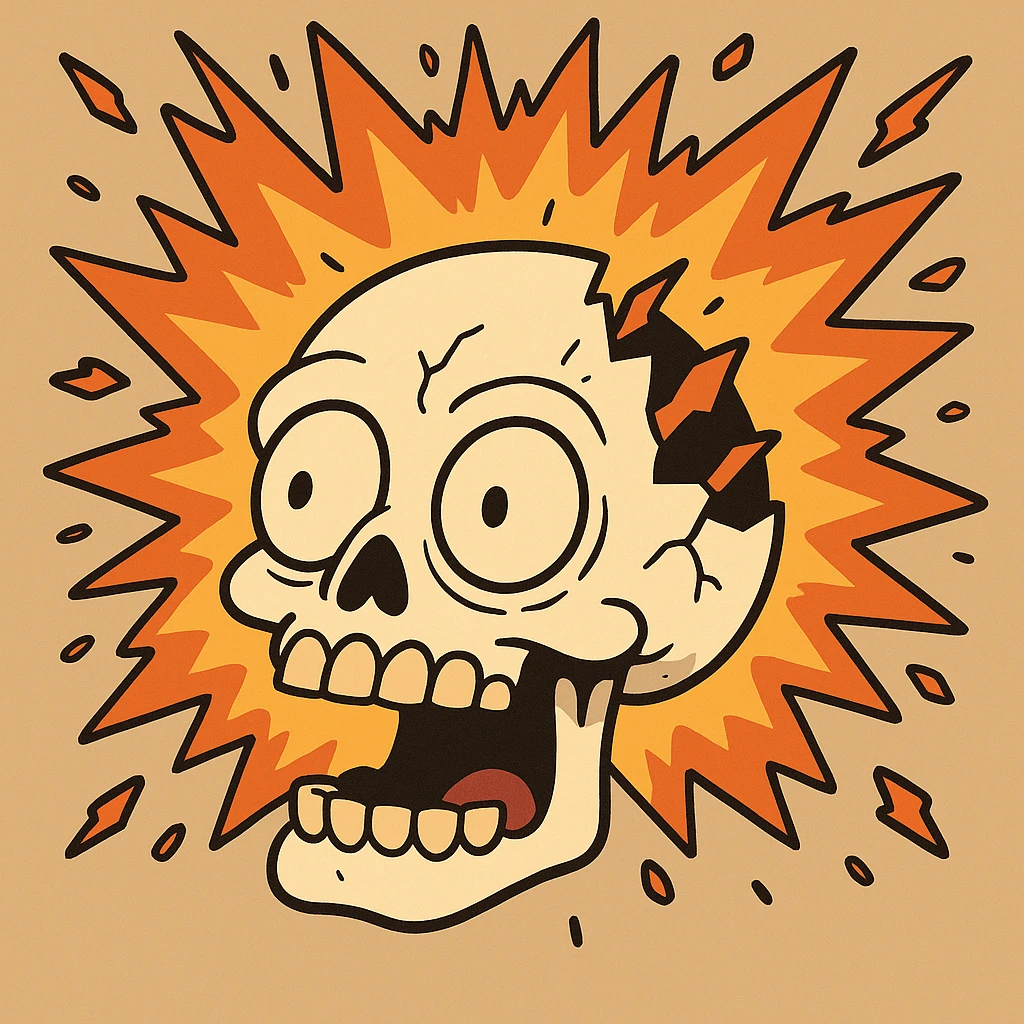 cartoon style exploding skull with saturated colors and bold black lines emoji