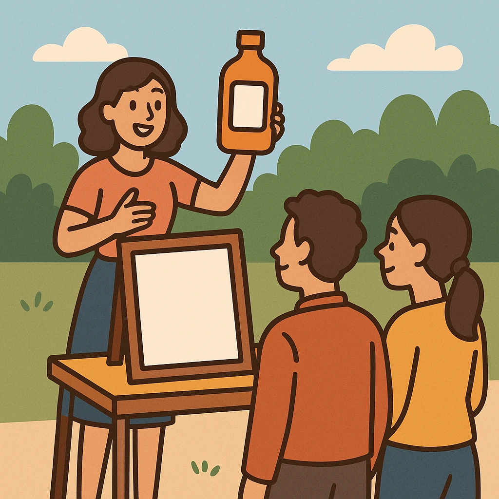 flat toon style woman promoting a product to customers outdoors emoji