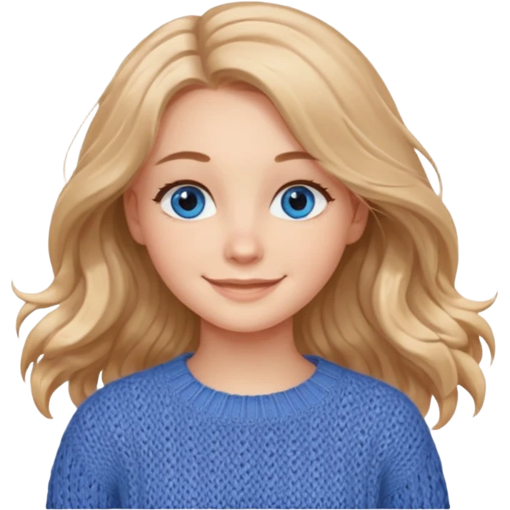 ЗГЕНЕРУЙ ДІВЧИНУ З СВІТЛИМ, ПШЕНИЧНИМ, ТРОХИ ХВИЛЯСТИМ ВОЛОССЯМ, ОДЯГНЕНУ У В'ЯЗАНИЙ ТІЛЕСНИЙ СВЕТР. В НЕЇ ГОЛУБІ ОЧІ ТА ДОВГЕ ВОЛОССЯ, ВОНА УСМІХНЕНА emoji