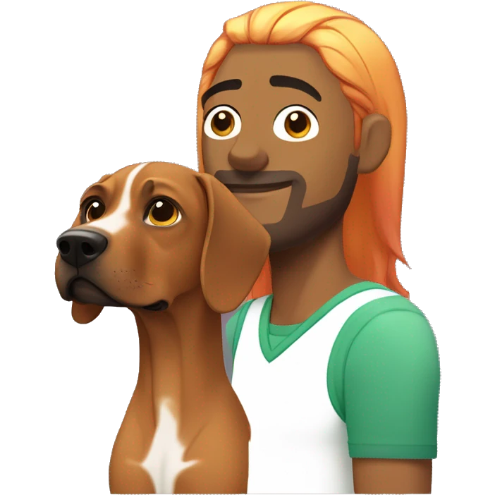 white male with long rainbow colored hair standing alongside a brown rhodesian ridgeback emoji
