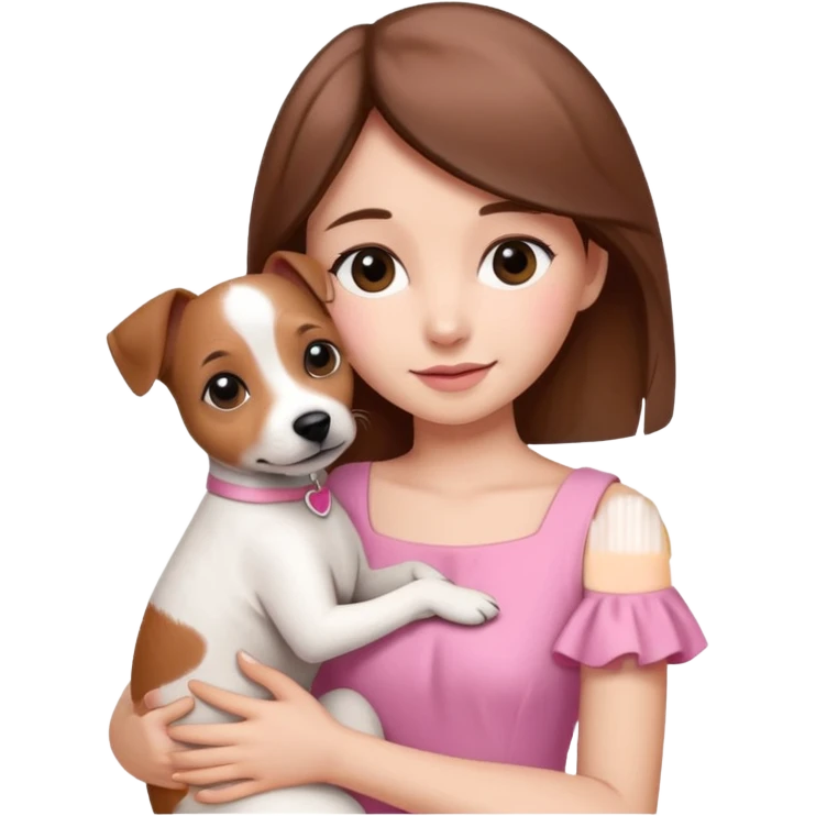 Joven mujer pelo marron vestida de rosado abrazando a su perro color beige crema que es un estilo de jack russel emoji