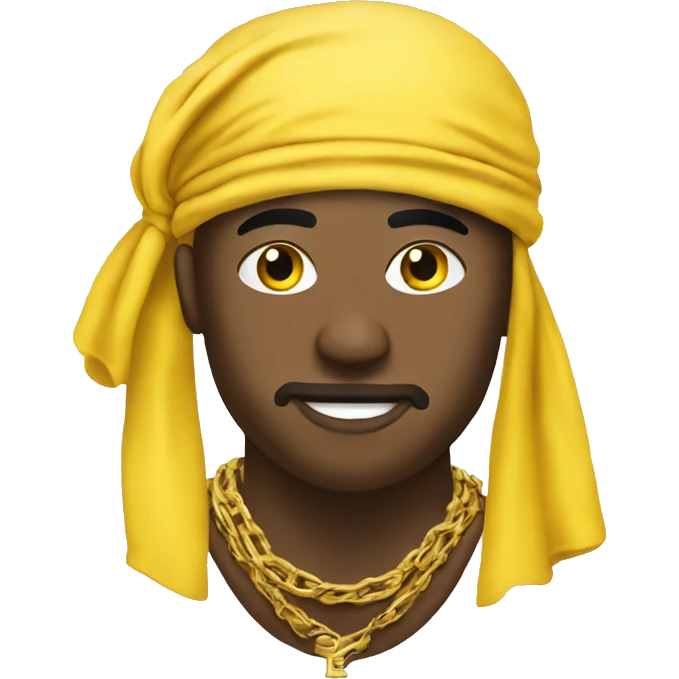 yellow emoji with a durag with all the caribbean falgs on it wearing a gold chain emoji