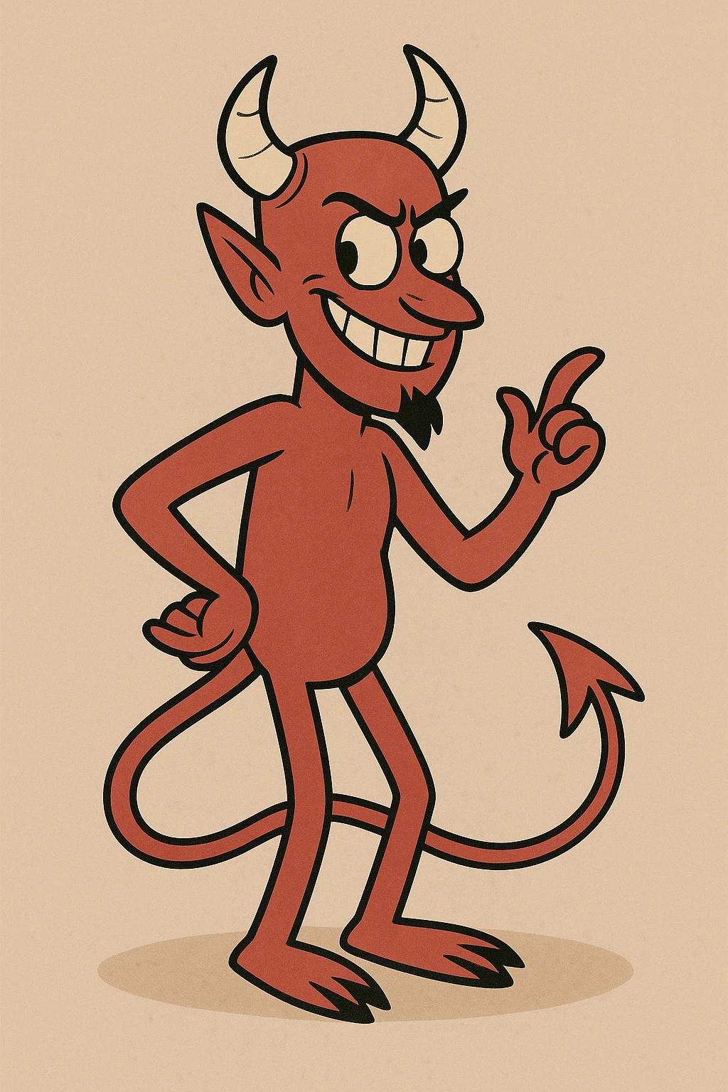 a devil character, classic red skin, horns, mischievous grin, tail, cartoon style emoji