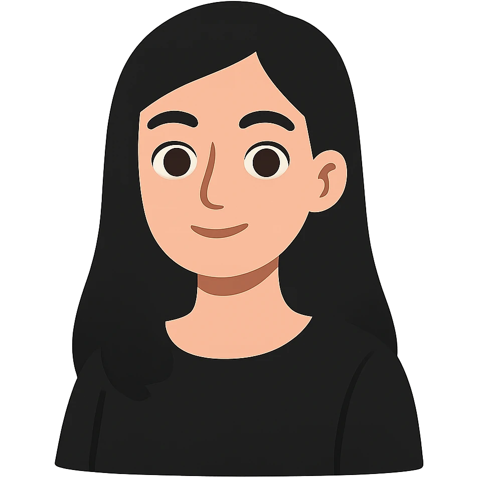 flat-toon style white woman with rounded brown eyes, long black hair, black blouse emoji
