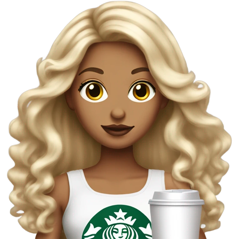 Tanned girl with long blonde hair extensions with big lips and lashes with a Starbucks in her hand. emoji