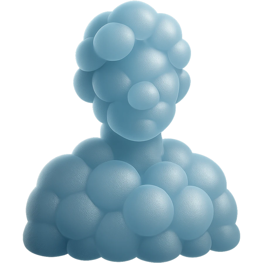 person from shoulders up, front view, fully composed of bright convex clouds, matte glass style emoji