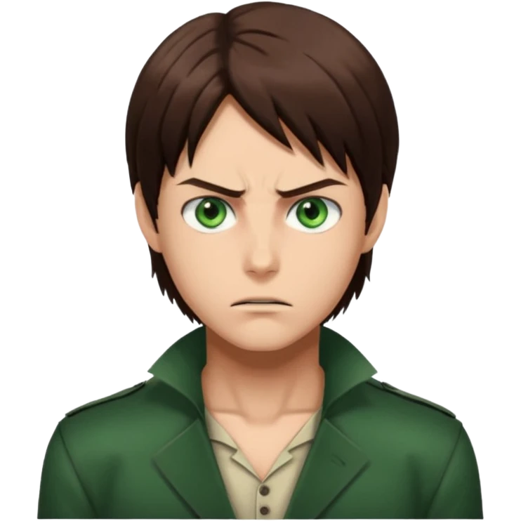“Create an avatar that looks like Eren Yeager from Attack on Titan, Season 4 — sharp jawline, tied-back long brown hair, intense green eyes. emoji