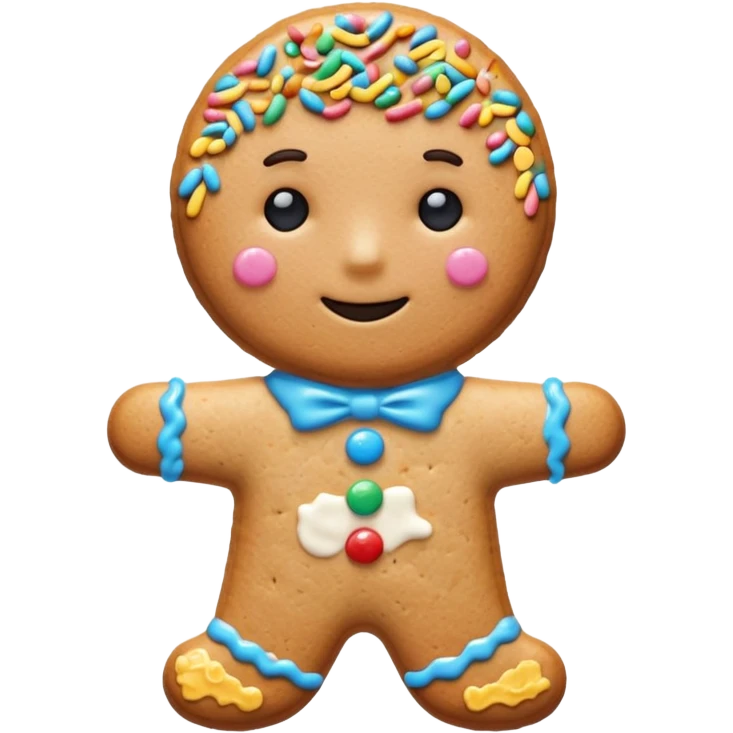 {
    "type": "object",
    "look": "frosted cookie man, colorful sprinkles, glossy icing top, front view",
    "description": "a sweet cookie man covered with frosting and rainbow sprinkles"
  } emoji