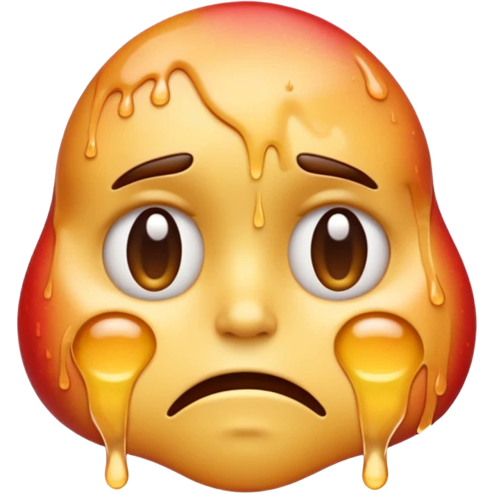 Apple-style emoji illustration of a melted, overheated face with sweat drops, expression annoyed, half-closed exhausted eyes, soft 3D emoji style, smooth gradients, rounded shapes, simple expression, centered composition. emoji