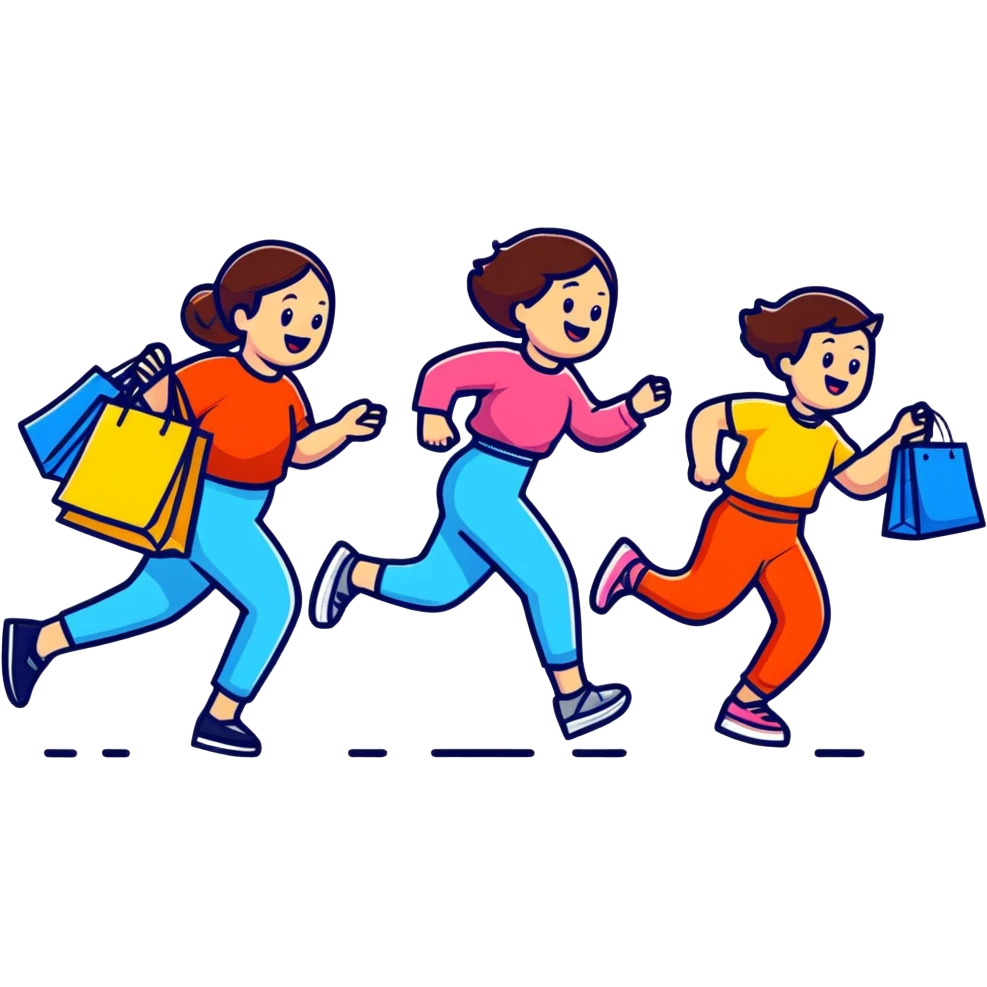 shoppers running with the salesgirl, bright colors and playful expressions emoji
