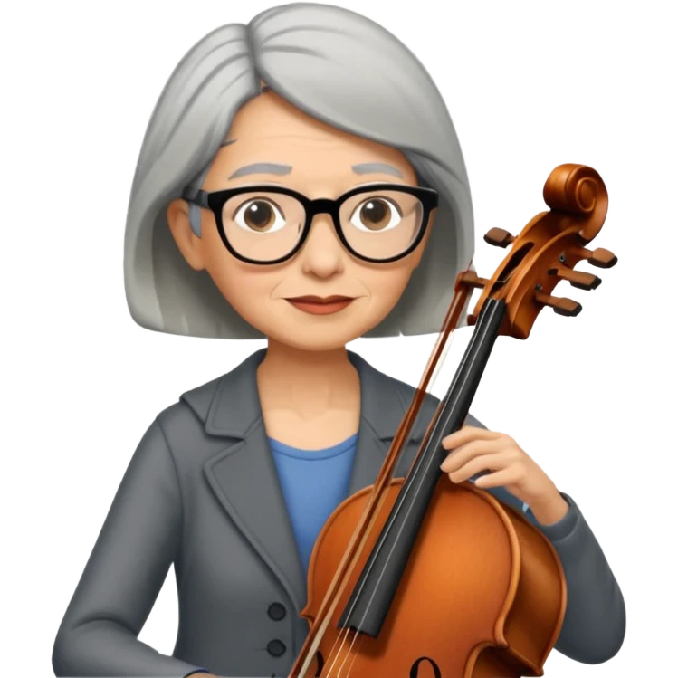 an emoji of my mum playing the cello, she has short black-ish gray hair, wears glasses, she is small emoji