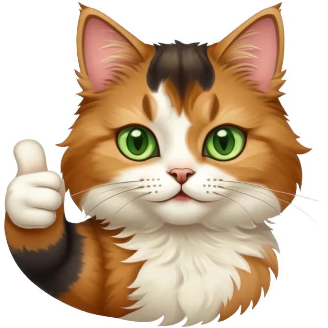 tricolor fluffy cat with big green eyes giving thumbs up emoji