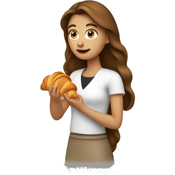 Woman with long brown hair is eating croissant emoji