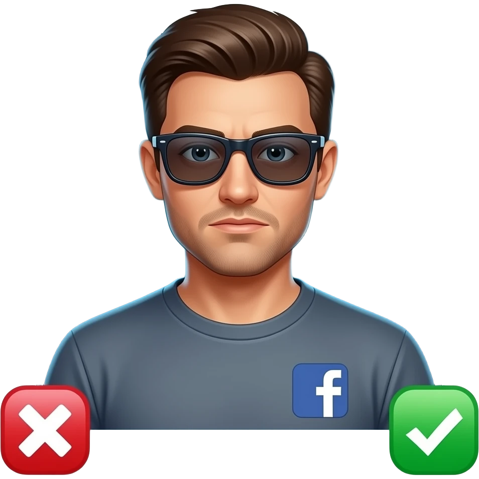 A informal man with sunglasses, glowing digital, symbols on the around, a left side Facebook logo, on the left shoulder, looking at viewer, a very serious. Text on below: 'What's your topic, lady?' shimmering a red x cross and a green check icons emoji
