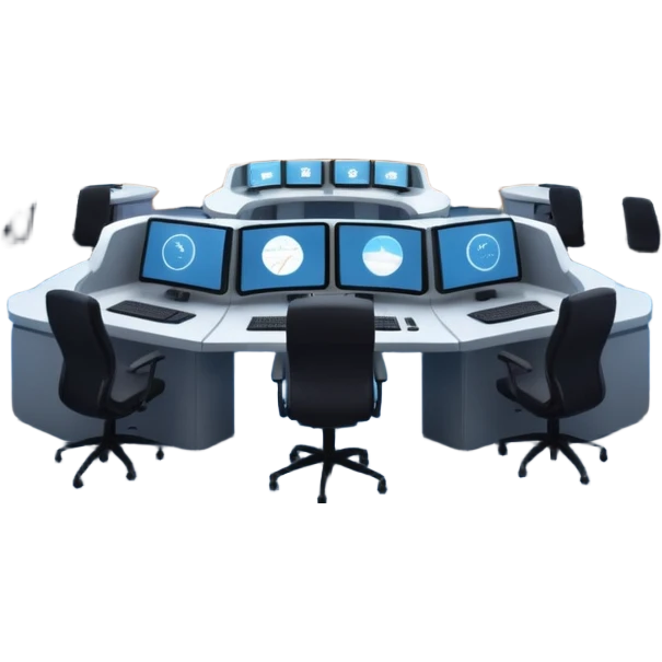 Cinematic mission control center, massive curved video walls with complex telemetry and glowing data visualizations, symmetrical high-tech workstations, dim blue and amber ambient lighting, sharp focus, hyper-realistic, atmosphere of absolute precision. emoji