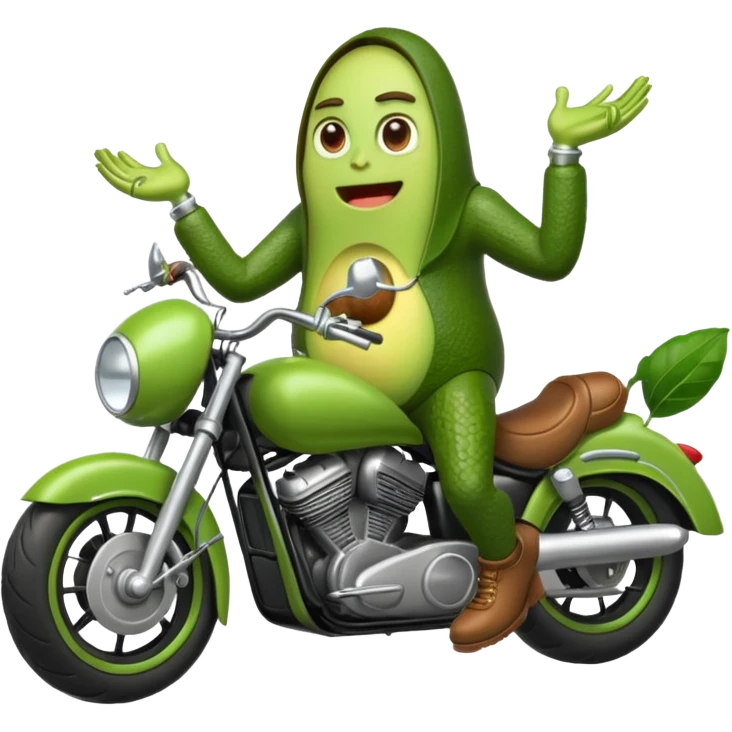 Aguacate con piernas manos y una moto emoji
