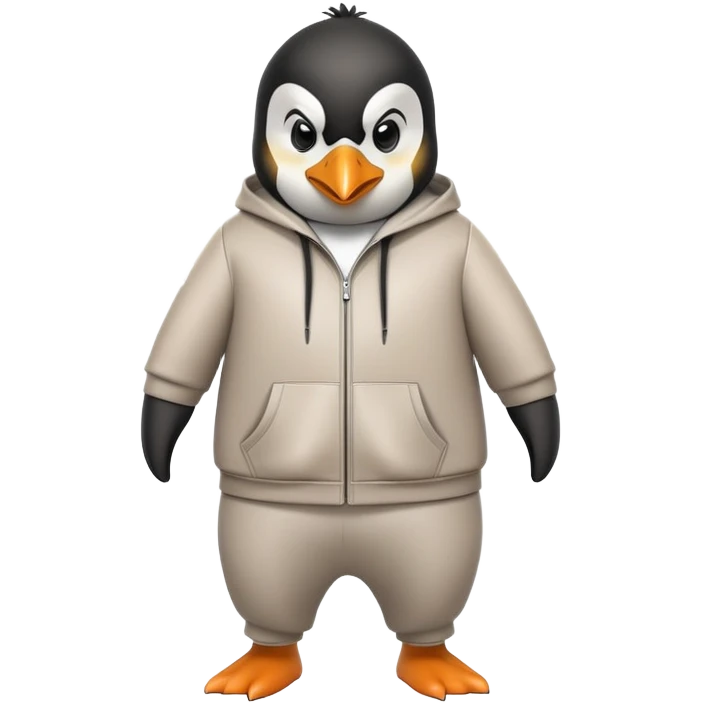 friendly anthropomorphised penguin wearing a mafia-style tracksuit, angry expression, brisk purposeful stride emoji
