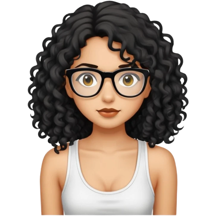 A girl with kinda long black curly hair, brown eyes, black frame glasses, olive skin, white tank top emoji