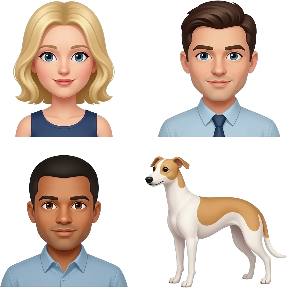 White girl with blonde hair to jer chin, a white man with short dark hair and a beddlington whippet blonde dogwith emoji
