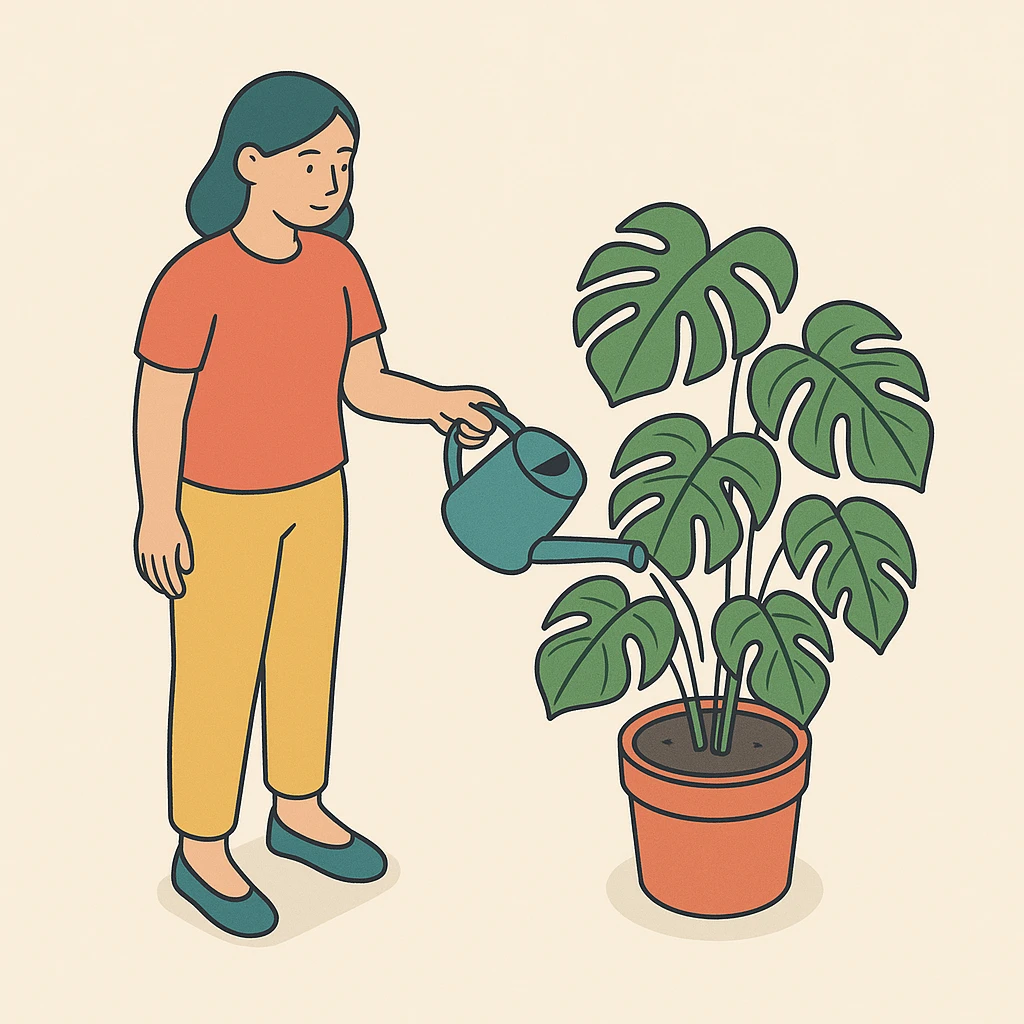woman watering her monstera plant emoji