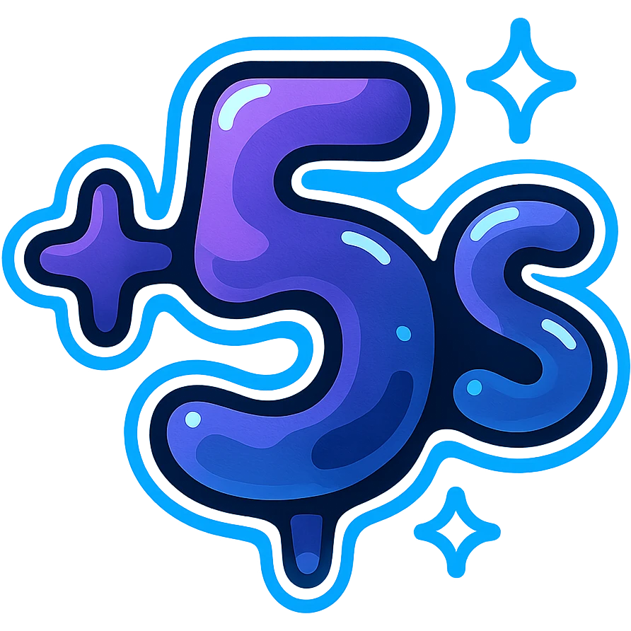 símbolo '+5s' con efecto de metal líquido cósmico en morado y azul, 's' en subíndice, borde de neón azul eléctrico, efecto animado de brillo y movimiento líquido emoji