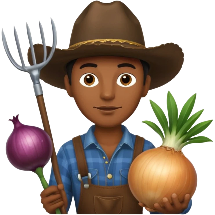 A black cowboy holding a gardening hoe and a large onion emoji