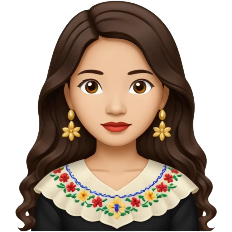 Filipino woman with long dark wavy hair parted in the middle wearing a traditional filipiniana emoji