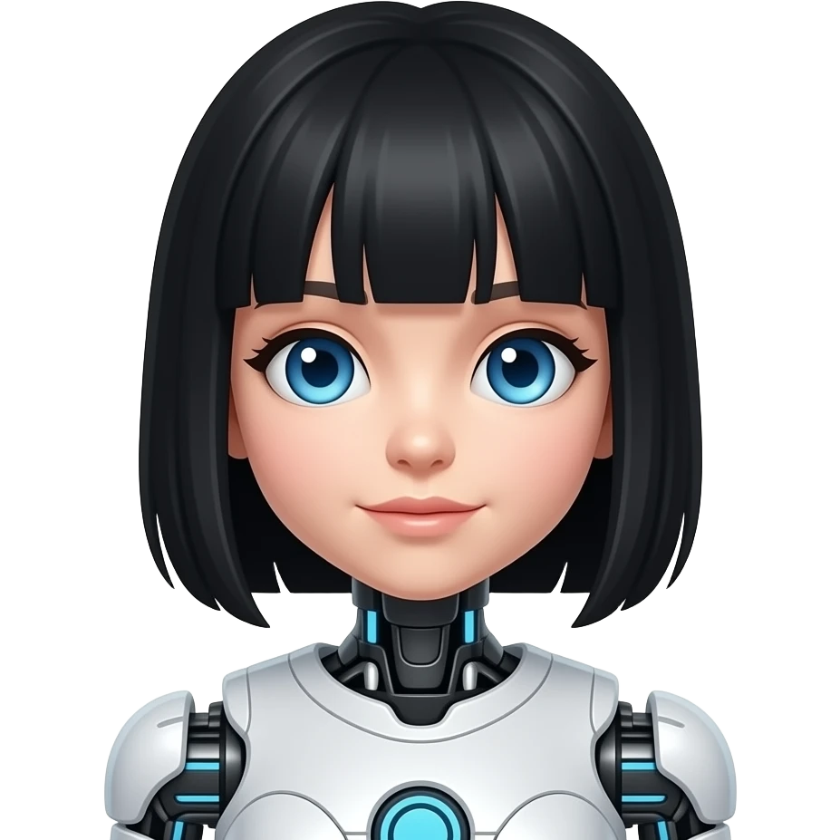 very pretty robot girl with blu eyes and black hair with bangs emoji