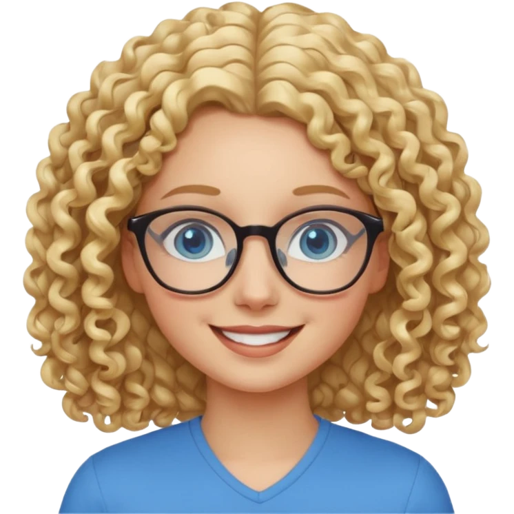 Friendly looking white girl with curly, blonde hair, blue eyes, and glasses. emoji